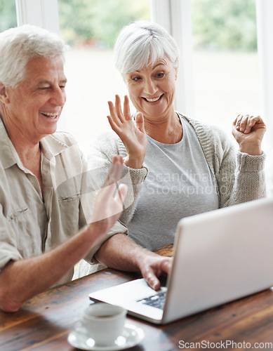 Image of Happy elderly couple, laptop and waving on video call, internet communication and voip chat at home. Senior man, old woman and wave hello on computer for virtual conversation, contact and connection
