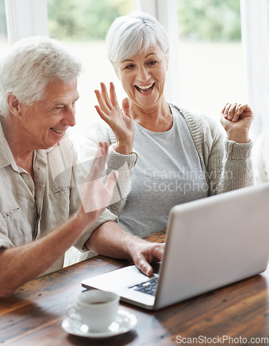 Image of Happy old couple, laptop and waving on video call, digital communication and voip connection at home. Senior man, elderly woman and wave hello on computer for virtual contact, chat and technology