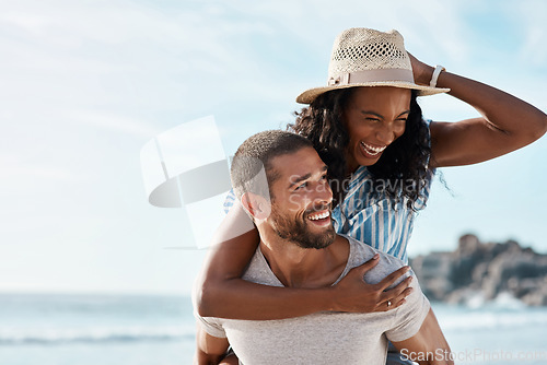 Image of Happy couple, adventure at sea and piggy back with blue sky, mockup space and summer holiday travel to ocean. Romance, man and woman at beach with happiness on date and vacation together in Cancun.