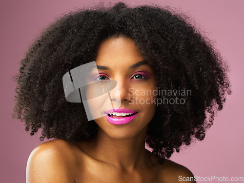 Image of Face portrait, hair care and black woman with lipstick in studio isolated on a pink background for skincare. Beauty, makeup cosmetics and African female model with salon treatment for afro hairstyle.