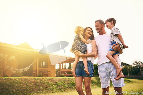 Image of Family, bonding and new home with father, mother and kids with happiness and love. Outdoor, mockup and lens flare of a mom, dad and children together in a garden and backyard with a smile and care