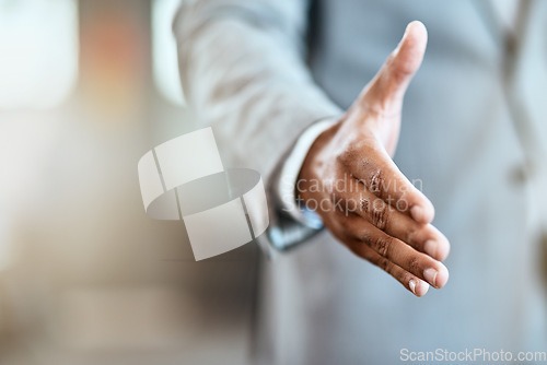 Image of Handshake, offer and business man success, partnership agreement or introduction in job welcome. Professional person shaking hands in pov meeting, deal congratulations and thank you on mockup space