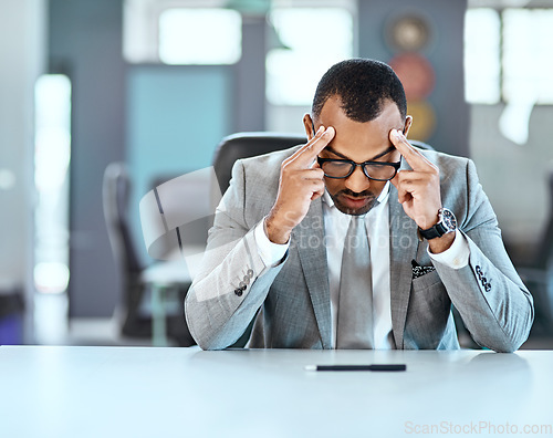 Image of Business man, headache and stress with brain fog, mental health problem and crisis at work with corporate burnout. Male professional with anxiety, migraine and pain, tired and depressed with fail