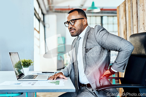 Image of Business man, back pain and burnout with red overlay, bad posture and stress with medical problem at office. Male corporate person at desk with backache, anatomy and health crisis with injury