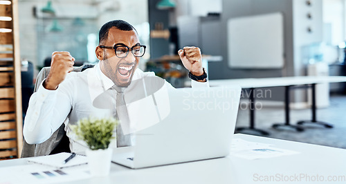 Image of Business man, winner and yes on computer success, news or bonus in celebration, cheers and wow in office. Excited, fist and winning, employee or person celebrate on laptop promotion, sales or results