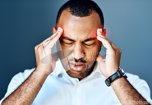 Image of Professional man, headache and stress with red overlay, mental health problem and crisis with corporate burnout. Male person in business face with pain, migraine and hands on studio background