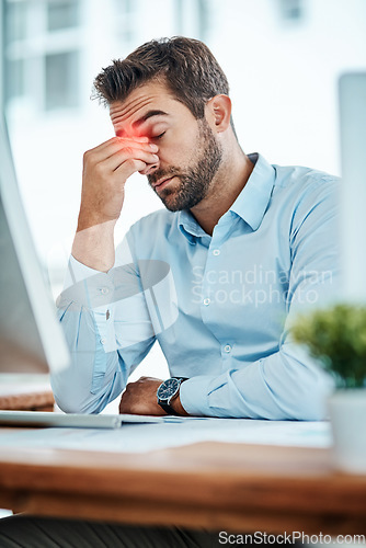 Image of Business man, headache and stress, pain or fatigue in office while working on pc. Burnout, migraine and male person with depression, vertigo or brain fog, anxiety or mental health, tired or problem.