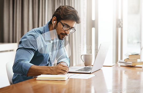 Image of Business home and man with a laptop, remote work and focus with connection, planning or professional. Male person, consultant or entrepreneur with pc, technology or writing with inspiration and ideas