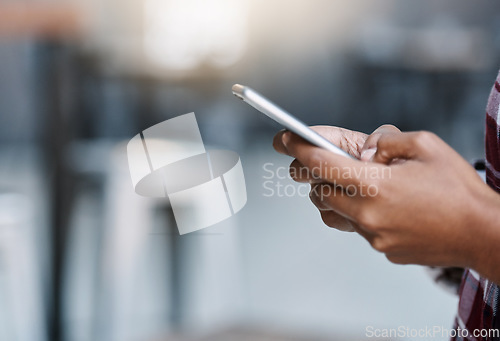 Image of Woman, hands and phone of student typing on social media for communication, texting or networking at campus. Hand of person or university learner chatting on mobile smartphone app on mockup space