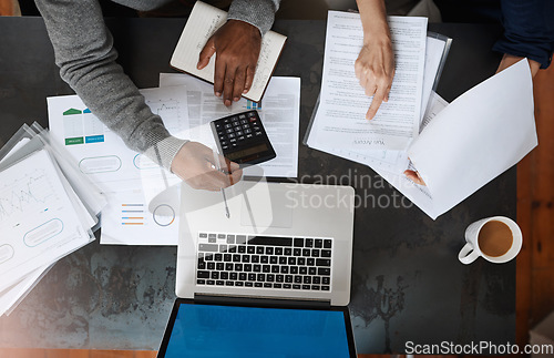 Image of Finance, documents and business people hands with calculator, computer and data analysis, teamwork and budget. Financial report, paperwork and profit, numbers or statistics of woman and partner above