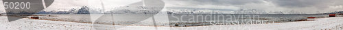 Image of Panorama of Fjord with red houses and snow