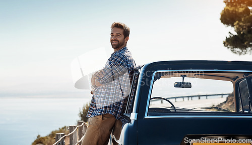 Image of Road trip, travel and portrait of man by car for adventure, summer vacation and holiday on space. Transport mockup, relax and male person in motor vehicle for freedom, journey and happy by ocean