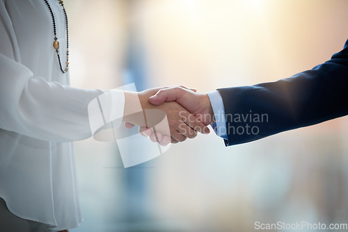 Image of Handshake, business people and partnership with hiring and welcome, team and collaboration. Recruiting, onboarding with man and woman shaking hands, agreement or congratulations for promotion