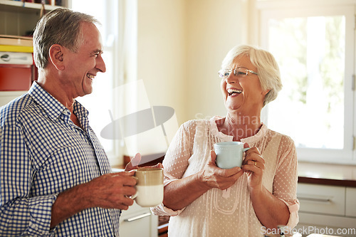 Image of Funny, coffee or old couple laughing in kitchen at home bonding or enjoying quality time together. Happy retirement, morning or senior man talking, relaxing or drinking tea espresso with mature woman