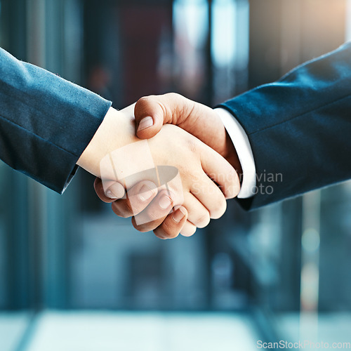 Image of Handshake closeup, business people and collaboration, agreement and support with networking, welcome and introduction. Hiring, recruitment and promotion, corporate team shaking hands and partnership