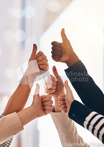 Image of Hands, collaboration and thumbs up with a business team in the office together for motivation or success. Teamwork, yes and winner with an employee group in gesture of like, support or celebration