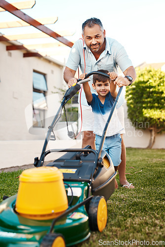 Image of Portrait of happy father, child and lawn mower in garden for helping to cut grass, backyard or learning responsibility. Dad, boy and kid in teaching life skills with gardening machine for outdoor fun