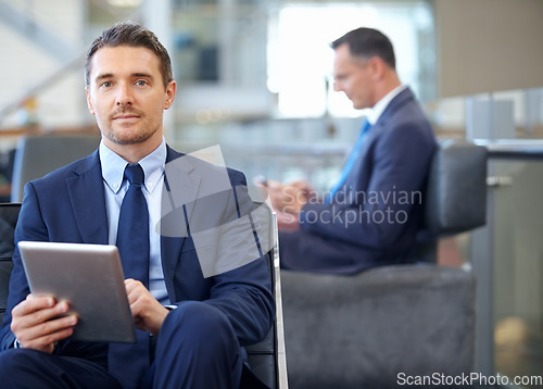 Image of Corporate, portrait or businessman with tablet in office building for communication, networking or reading blog news. Focus, employee or manager with smartphone social media, social network strategy