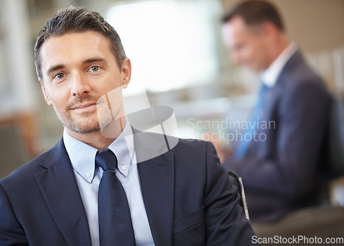 Image of Portrait, face or business man in airport lobby, lounge or office building with career mindset, business meeting or sales presentation. CEO, corporate or professional male focus, ready or confident