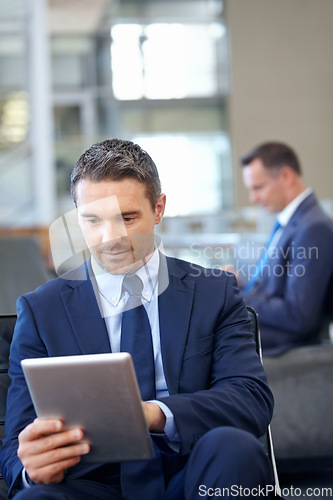 Image of Relax, tablet and networking with businessman in lounge of corporate company for search, internet and contact. Communication, planning and idea with employee in lobby for technology, goal and email