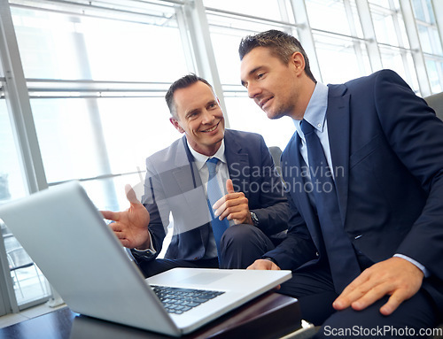 Image of Laptop, business people or corporate client with financial strategy, teamwork collaboration or investment ideas. Professional, negotiation and businessman management communication on company website