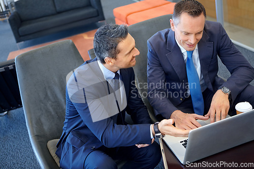 Image of Teamwork, corporate or business men with laptop planning company growth, ideas and research in top view. Team, happy or corporate employee in office lounge for collaboration, search web or meeting