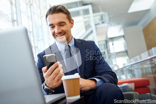 Image of Ceo, smile and businessman, with smartphone for company communication or social media with coffee while working. Contact, online and email with networking and laptop in professional corporate lounge