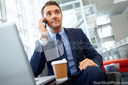 Image of Man, phone call or business travel in airport, hotel lobby or office building on networking, communication or mobile. Mature ceo, manager or corporate worker technology for b2b collaboration commute