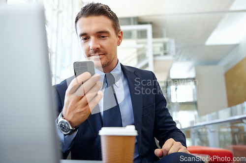 Image of Message, corporate or business man with phone in office for communication, company research or website review. Manager, accountant or employee with tech for social network, internet or mobile app