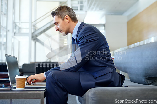 Image of Thinking, corporate or businessman on laptop for invest strategy, finance growth or financial review. Coffee, focus or employee on sofa for investment trading, typing email or economy data research