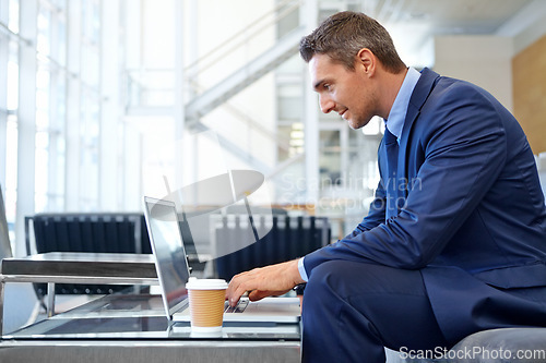 Image of Proposal, email and businessman with a laptop for communication, networking and internet. Business, working and employee reading news, information and corporate chat on a computer with tea in office