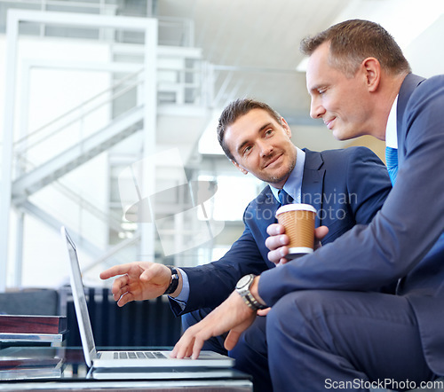Image of Lobby, laptop and businessman with corporate client negotiation, communication strategy and web planning. Professional business people with management partner reading online review of company budget
