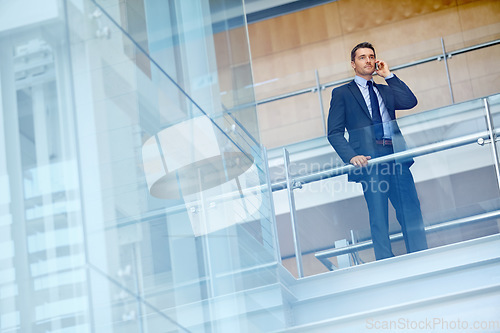 Image of Corporate, travel or businessman on phone call for communication, networking or contact in office building. Company office, staircase or CEO with smartphone for discussion, speaking or conversation