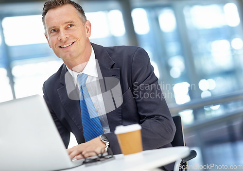 Image of Idea, thinking or business man with laptop for invest accounting, finance growth or financial review. Happy CEO, research or manager or person in an office building planning or working on economy