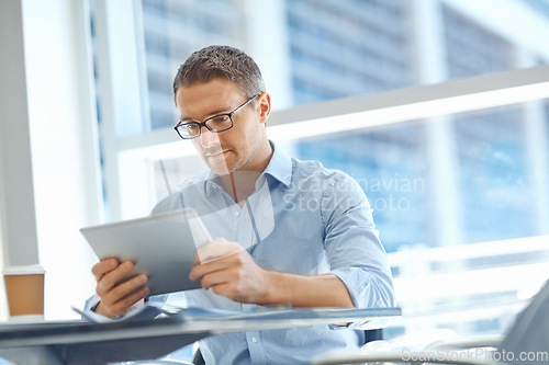 Image of Thinking, planning or business man with tablet for invest strategy, finance growth or financial review. Coffee or manager in office building for collaboration, data analysis or economy data research