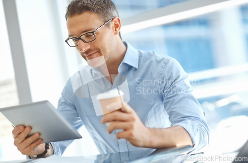 Image of Research, corporate or business man with tablet planning a finance review at an airport lobby before travel while having coffee. CEO reading about trading, economy and stocks news on website or app