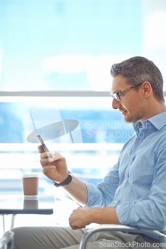 Image of Accountant, phone or business man in airport for global invest strategy, finance growth or financial review. Travel, smile or manager in lobby for social media, data analysis or economy research blog