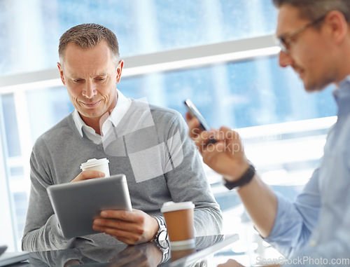 Image of Tablet, corporate or business man thinking in airport lobby for invest strategy, finance growth or financial success. CEO, travel or manager on tech planning, social media or network blog networking