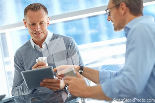 Image of Teamwork, corporate man or business people with tablet for invest strategy, finance growth or financial review. Company meeting in office building planning, reading news or economy data research