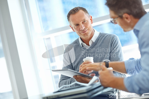 Image of Accountant, tablet or business people in airport for global invest strategy, finance growth or financial review. Travel, team or manager in lobby for planning, collaboration or economy research