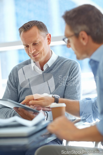 Image of Thinking, tablet or business people in airport for global invest strategy, finance growth or financial review. Corporate or teamwork in lobby for social media, data analysis or economy research study