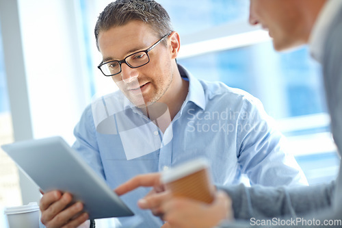 Image of Tablet, collaboration or business people with research in airport lobby on invest strategy, finance growth or financial audit. CEO or manager on tech planning, social media or network blog networking