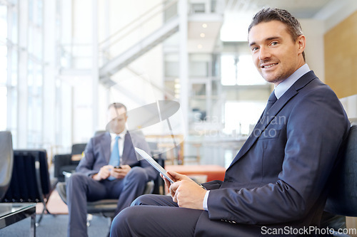 Image of Portrait, corporate or business man with tablet for invest strategy, finance growth or financial review. Smile, airport or manager in lobby on sofa for travel, data analysis or economy data research