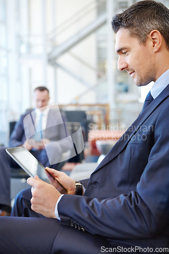 Image of Relax, tablet and networking with businessman in lounge of corporate company for search, internet and contact. Communication, planning and idea with employee in lobby for technology, goal and email