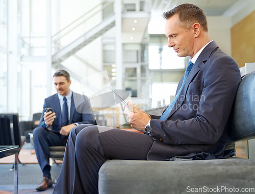 Image of Travel, relax and tablet with businessman in airport lobby for networking, search and communication. Contact, email and app with ceo in lounge of terminal layover for internet, technology or planning