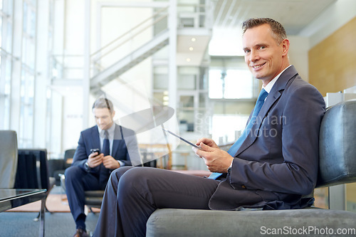 Image of Happy, portrait or business man with tablet for invest strategy, finance growth or financial review. Travel, smile or employee in airport for collaboration, data analysis or economy data research