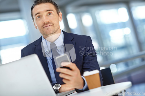 Image of Portrait, phone or business man thinking in hotel lounge, lobby or office for agenda, schedule or web search. Laptop, corporate or manager with smartphone for networking, social media or blog news