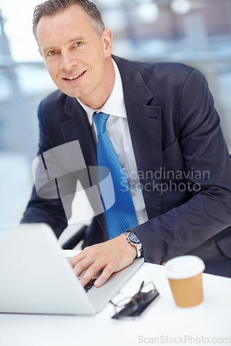 Image of Portrait, corporate or business man with laptop for investment strategy, finance growth or financial review. Mature CEO, manager or happy worker in office building for corporate technology research