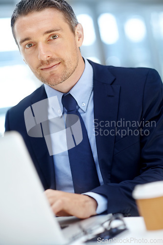 Image of Portrait, corporate or businessman with laptop for invest strategy, finance growth or financial success. Male person, CEO or manager at office in planning, data analysis or economy analytics review