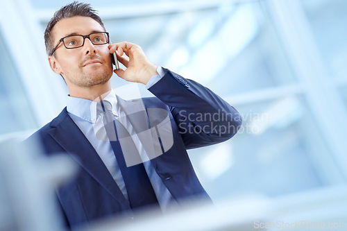 Image of Airport, communication or corporate man with phone call in lobby for loan, investment or negotiation deal. Travel, standing or manager smartphone for networking, b2b network or mockup communication